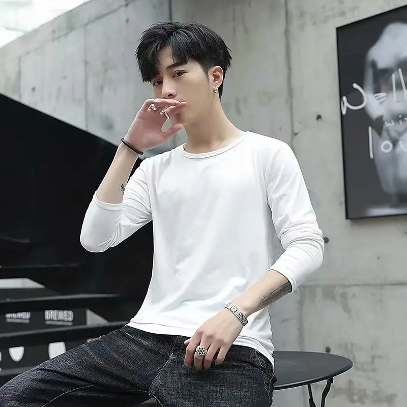 Business Style Long Sleeve T-Shirt for Men Loose Fit Thin Cotton Top Youth Version Bottom Shirt for Work Autumn Wear