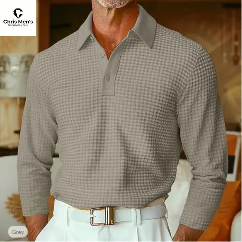 Men's Waffle Knit Long Sleeve Polo Shirt, Solid Textured Casual Golf Shirt, Breathable Pullover for Business & Daily