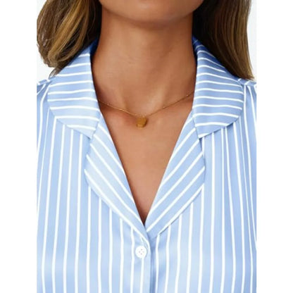 LILLUSORY Womens Satin Silk Pajamas Set 2 Pcs Ruffle Pjs Winter Matching Lounge Sleepwear Button Down Striped Shirt Shorts