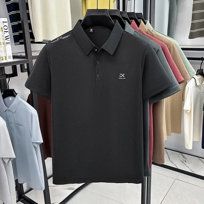 Mens Vertical Fine Rib Short Sleeve Polo Shirts Minimal Chest Embroidery Anti Crease Soft Comfort Daily Business Shirts