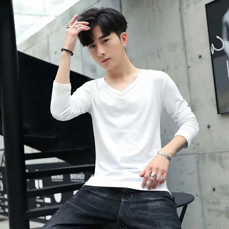 Business Style Long Sleeve T-Shirt for Men Loose Fit Thin Cotton Top Youth Version Bottom Shirt for Work Autumn Wear