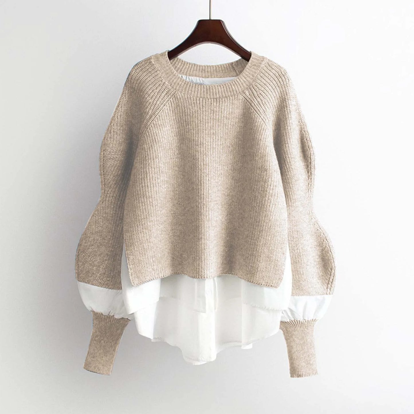 Patchwork Knit Pullover Sweaters for Women Lantern Sleeve Round Neck Warm Sweaters Polar Soft Sweater Top Autumn Winter Clothes