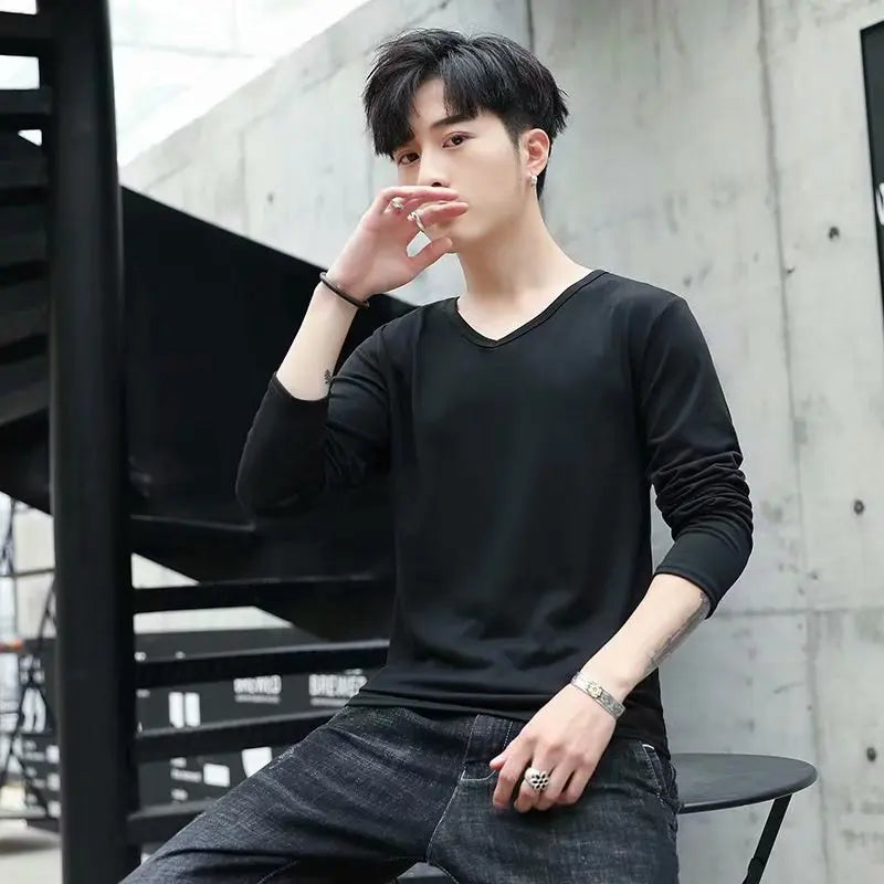 Business Style Long Sleeve T-Shirt for Men Loose Fit Thin Cotton Top Youth Version Bottom Shirt for Work Autumn Wear