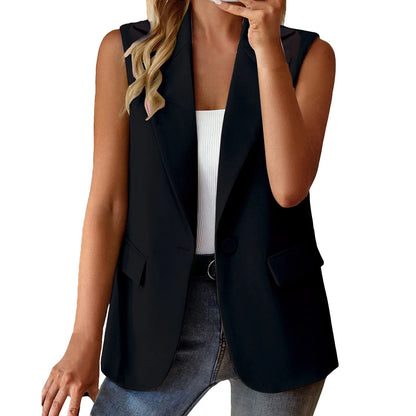 Women's Sleeveless Blazers Solid Color Cardigan Suit Casual Lapel Slim Fit Vest With Pockets Elegant For Women Chic Office Lady