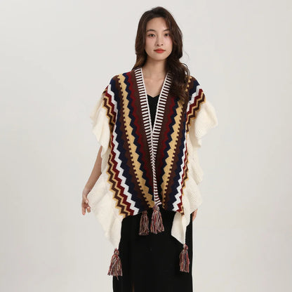 Women Spring Autumn Bohemia Shawl Lady Mohair Knitted Tassel Cardigan Retro Ethnic Wrap Striped Ruffled Scarf for Travel New in