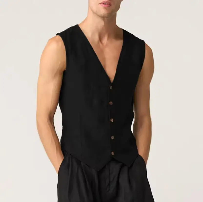 Linen Casual Men's Vest Cool Sleeveless Male Summer Single Breasted Suit Vests V Neck Vintage Jacket for Men Waistcoat