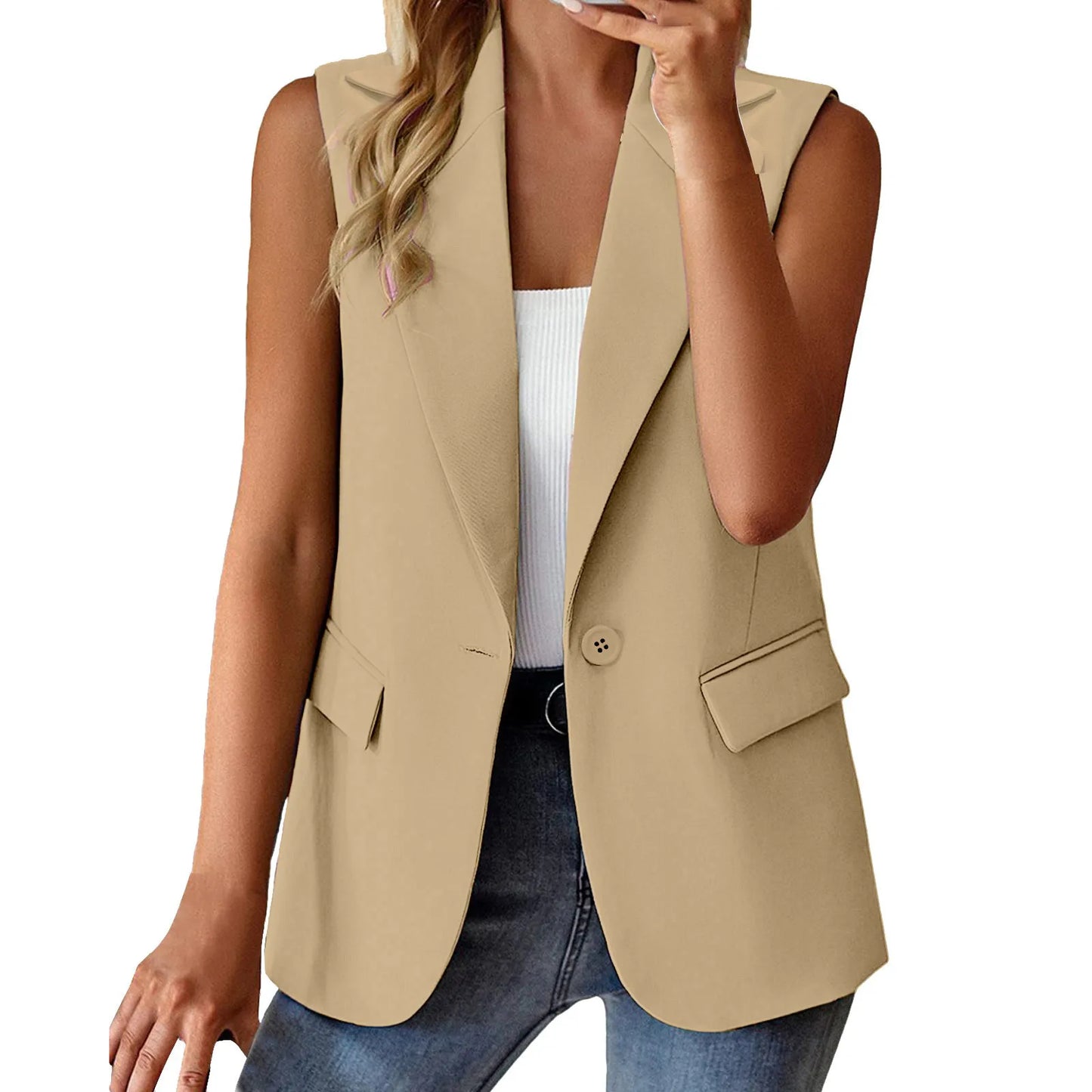 Women's Sleeveless Blazers Solid Color Cardigan Suit Casual Lapel Slim Fit Vest With Pockets Elegant For Women Chic Office Lady