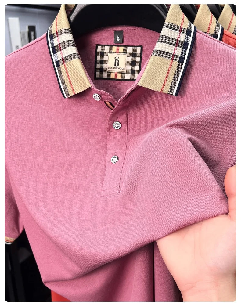 High end silky cotton breathable short sleeve polo shirt men's summer new trend plaid lapel designer brand casual golf T-shirt