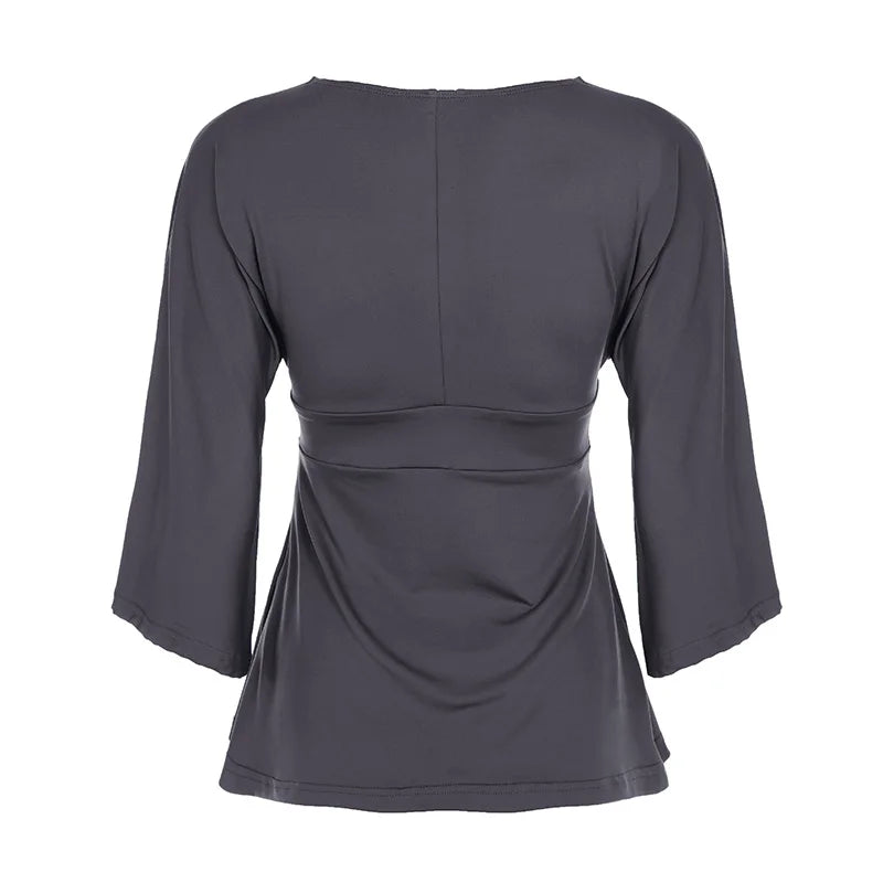 [RUOKE] Women Casual Deep V Neck Blouse Loose Fit Long Sleeve Top Flowy Bell Sleeve Tunic Shirt Daily T-shirt Sexy Summer Outfit