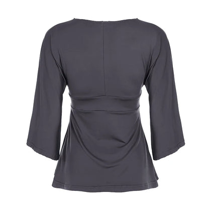 [RUOKE] Women Casual Deep V Neck Blouse Loose Fit Long Sleeve Top Flowy Bell Sleeve Tunic Shirt Daily T-shirt Sexy Summer Outfit