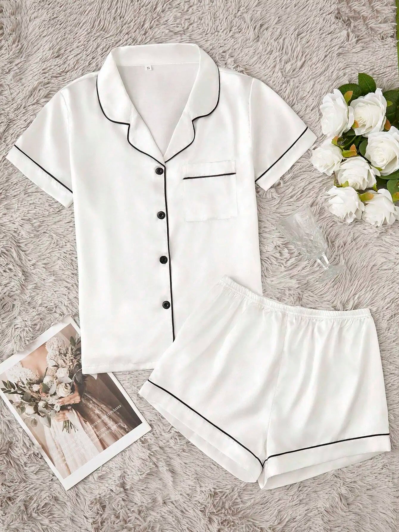 Women's Satin Pajama Set with Contrast Piping, Short Sleeve Button-Up Top & Shorts