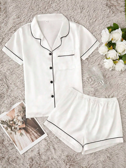 Women's Satin Pajama Set with Contrast Piping, Short Sleeve Button-Up Top & Shorts