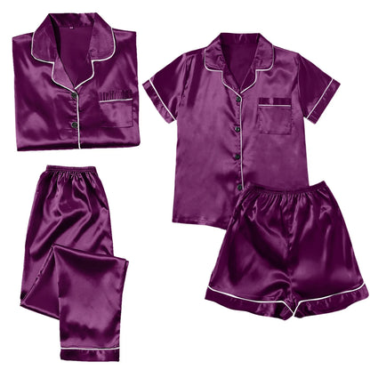 4 Piece Women Pajama Sets Satin Silky Soft Plus Size Home Clothes Loungewear Short Sleeve Long Sleeve Pyjama Sets All Seasons