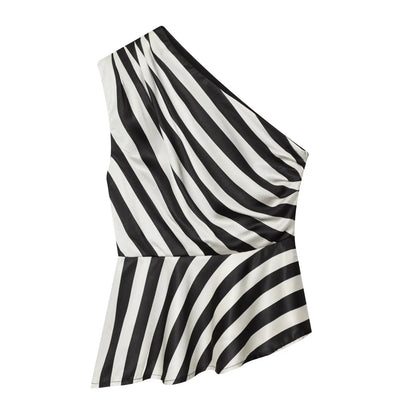 YENKYE New 2026 Women's Striped One Shoulder Sleeveless Peplum Top Draped Asymmetric Hem Party Crop Top Summer Blouse