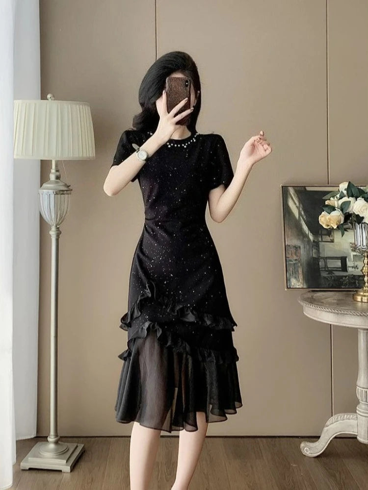 Women's Black Beaded Evening Dress 2026 Summer High Waist Slim Fit Mesh Panel Mermaid Hem Party Gown