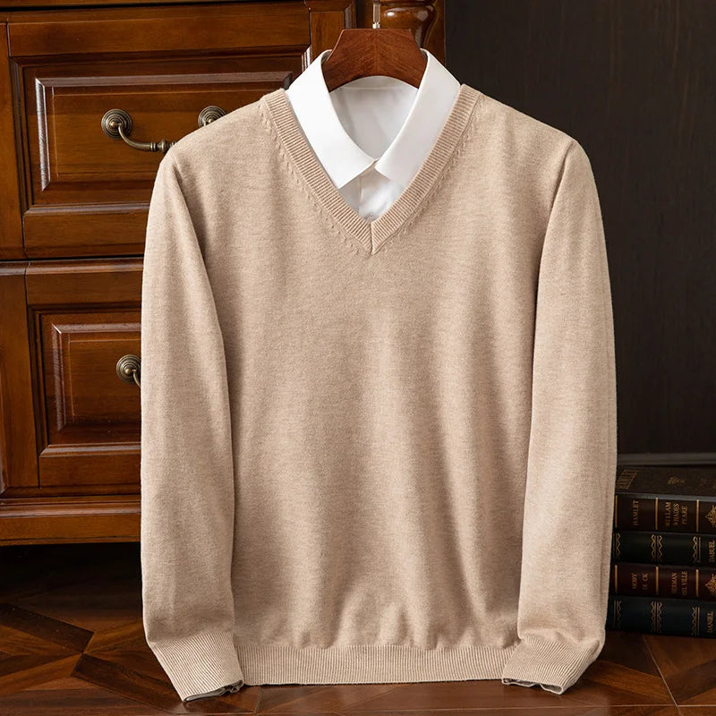 Autumn Winter Basic Merino Wool V-neck Sweater Men's Fashionable Casual Business Knitwear Cashmere Pullover Clothing Tops