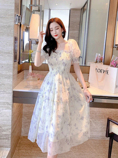 Zoki Elegant Floral Chiffon Party Dress Women Fashion Puff Sleeve A Line Midi Dress Sweet Square Collar Korean Female Vestidos