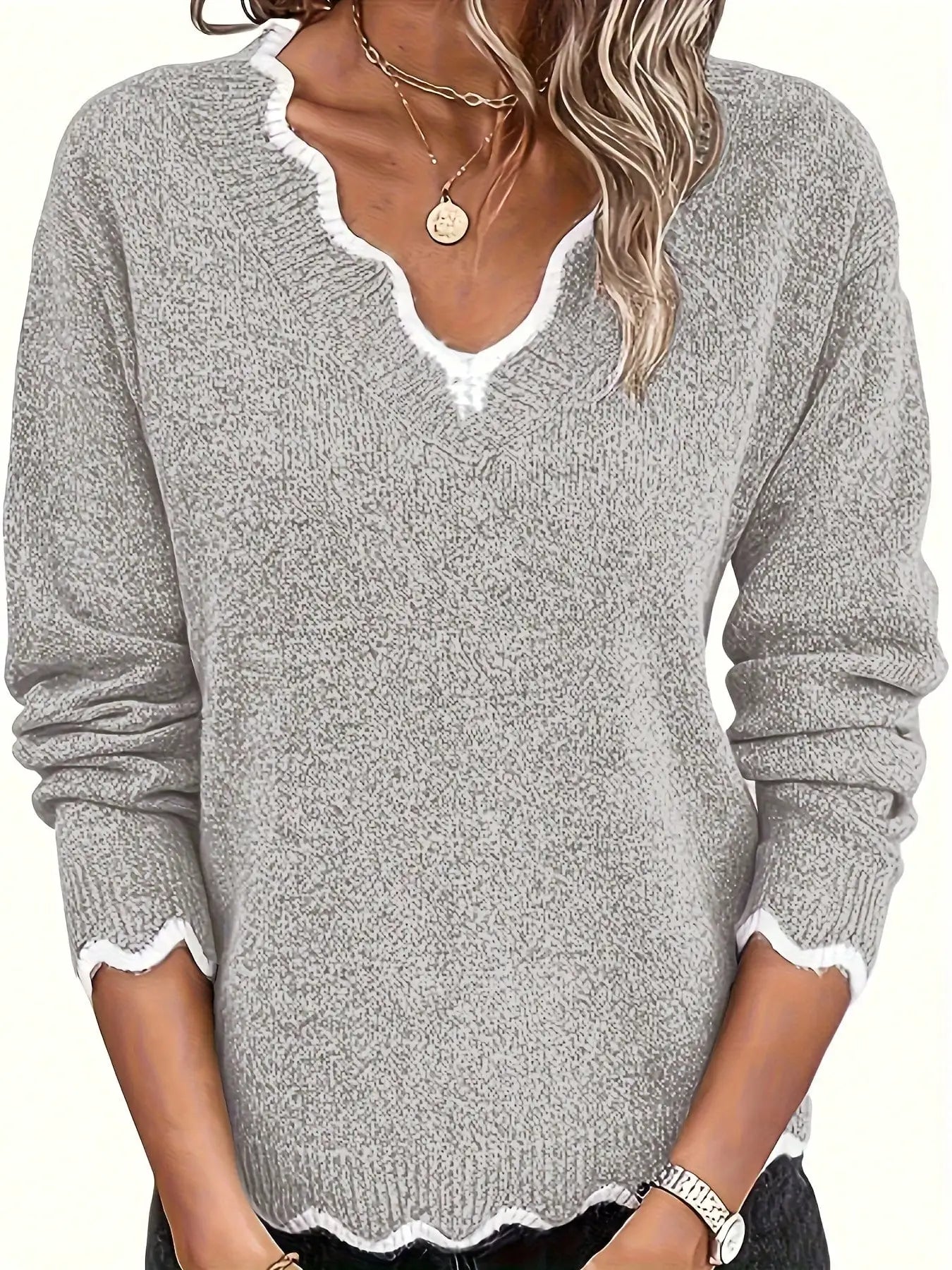 Women's Scalloped V Neck Long Sleeve Knit Sweater with Contrast Trim