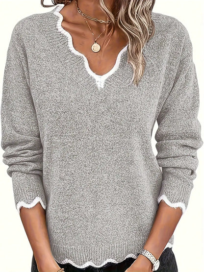Women's Scalloped V Neck Long Sleeve Knit Sweater with Contrast Trim