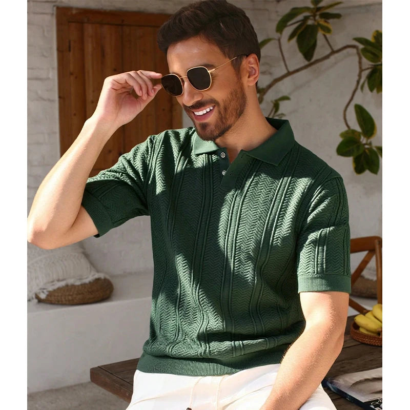 US Size New Men Knit Shirt Short Sleeve Polo Shirts Solid Button Knit Polo Shirt Summer Light Weight Shirts