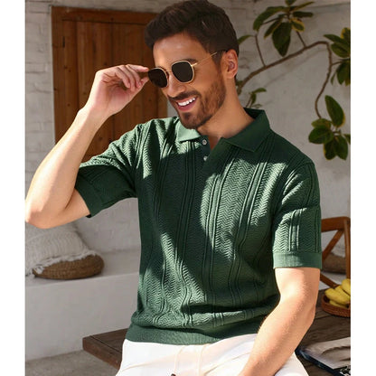 US Size New Men Knit Shirt Short Sleeve Polo Shirts Solid Button Knit Polo Shirt Summer Light Weight Shirts