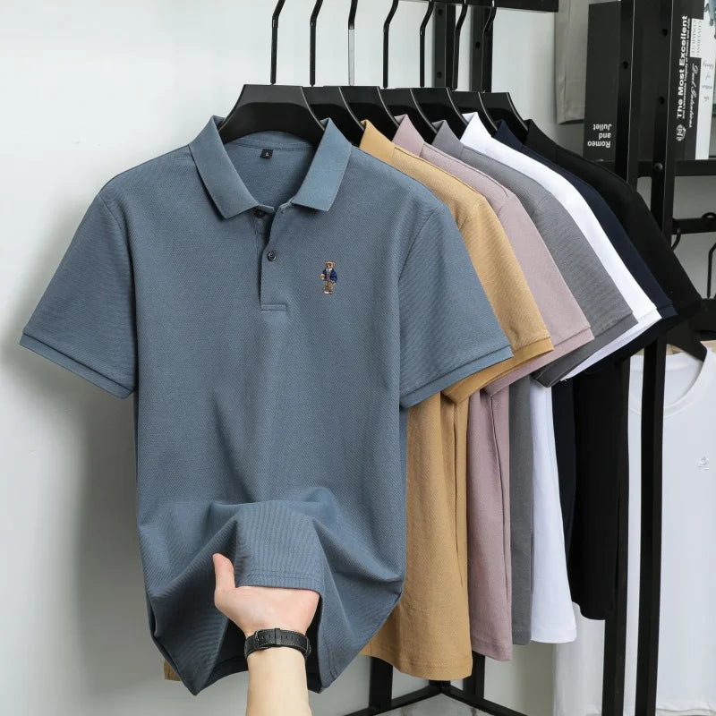 100% pure cotton new men's short sleeved polo shirt summer fashion original high-end brand bear embroidery golf casual T-shirt