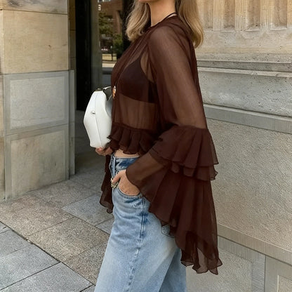 Ruffled Blouses for Women Boho Flowy Bell Sleeve Chiffon Top Sexy See Through Sheer Ruffle Hem Shirt Tops