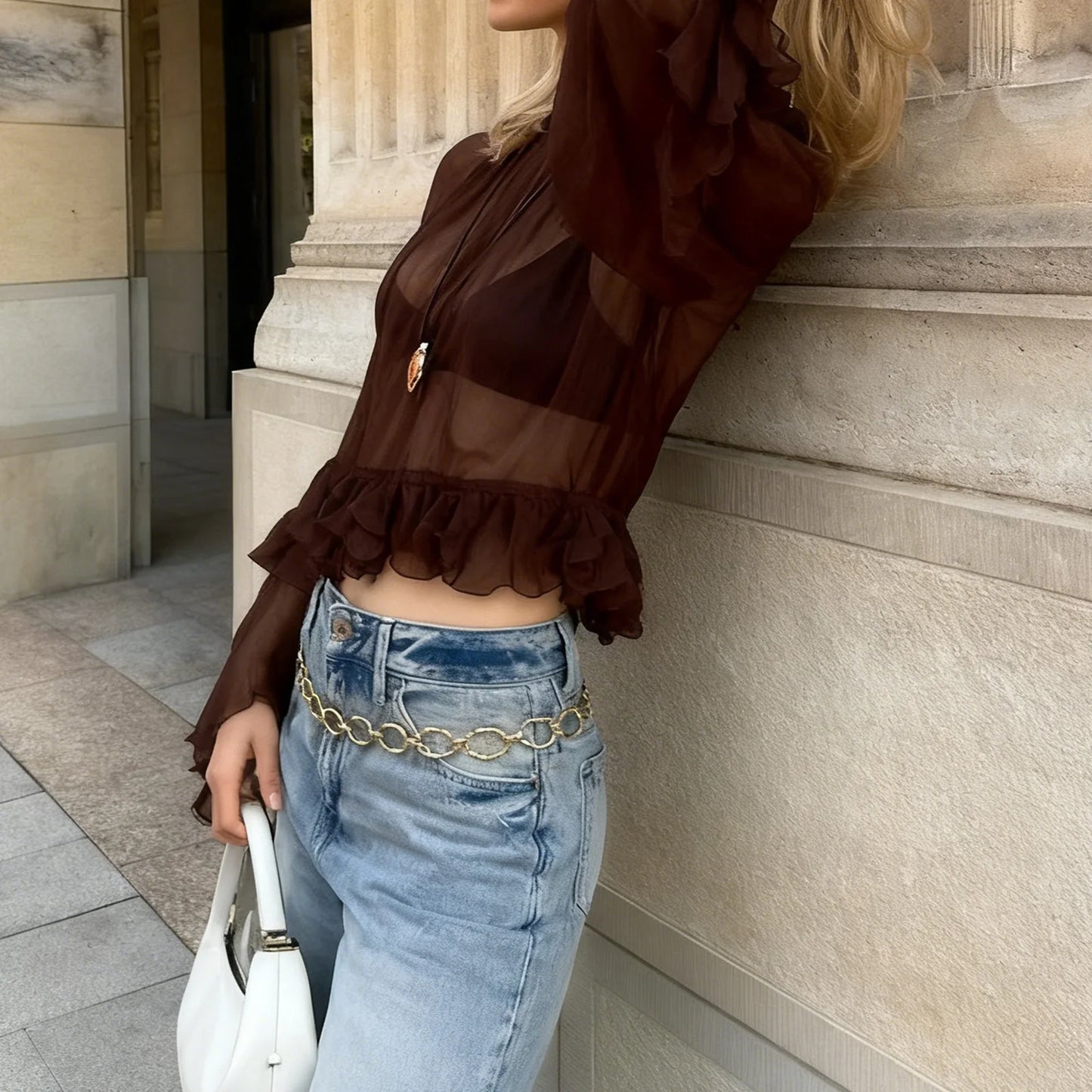 Ruffled Blouses for Women Boho Flowy Bell Sleeve Chiffon Top Sexy See Through Sheer Ruffle Hem Shirt Tops