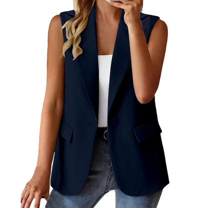 Women's Sleeveless Blazers Solid Color Cardigan Suit Casual Lapel Slim Fit Vest With Pockets Elegant For Women Chic Office Lady