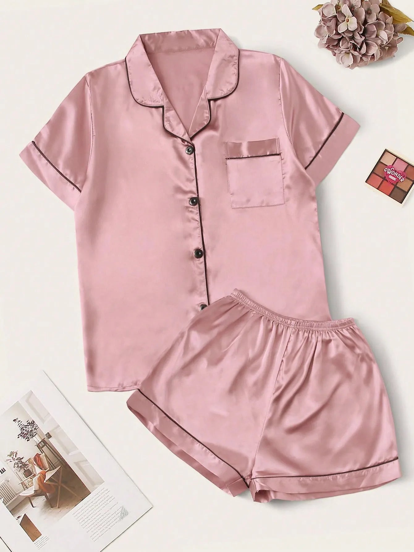 Women's Satin Pajama Set with Contrast Piping, Short Sleeve Button-Up Top & Shorts