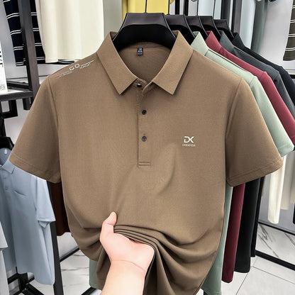 Mens Vertical Fine Rib Short Sleeve Polo Shirts Minimal Chest Embroidery Anti Crease Soft Comfort Daily Business Shirts