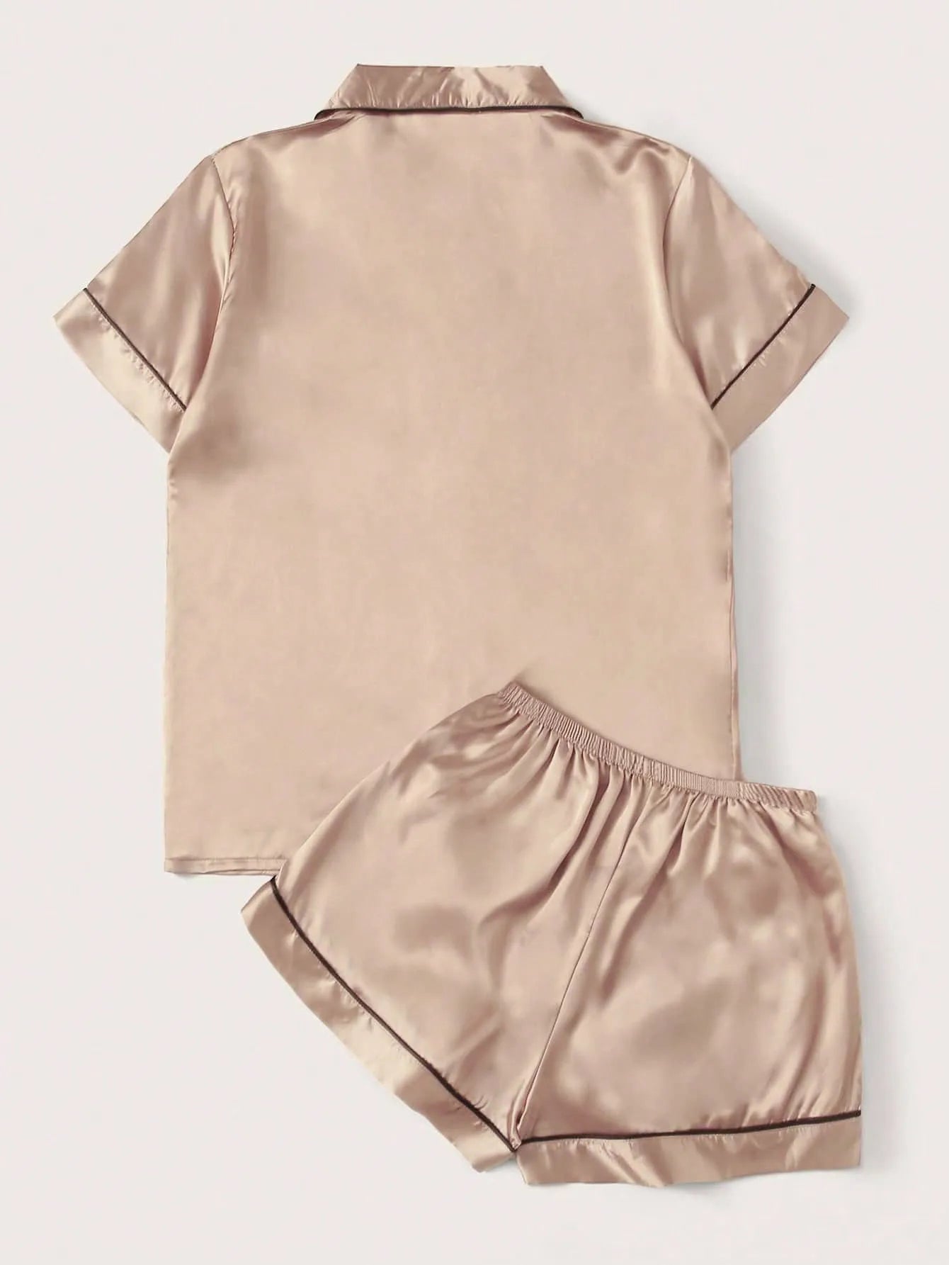 Women's Satin Pajama Set with Contrast Piping, Short Sleeve Button-Up Top & Shorts