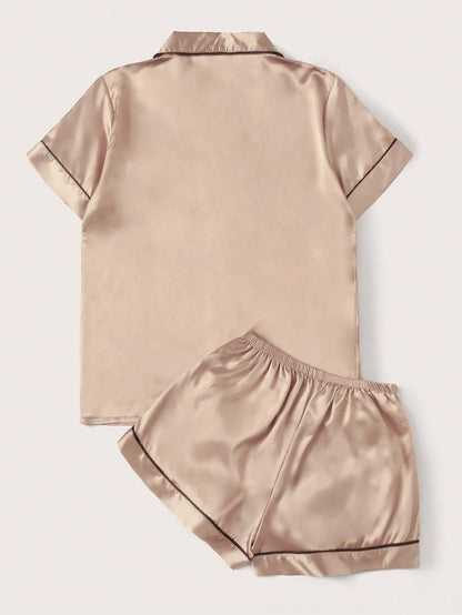 Women's Satin Pajama Set with Contrast Piping, Short Sleeve Button-Up Top & Shorts