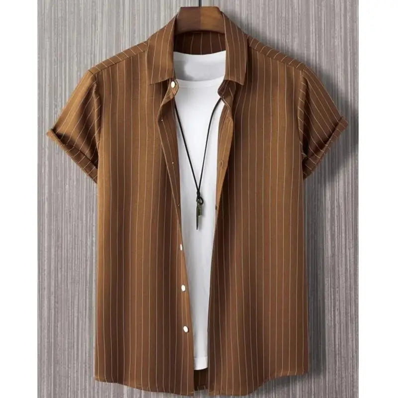 Alternating Striped Man Shirt Summer Minimalist Shirts Beach Casual Style Short Sleeved White  Shirt Men's Hawaii Vacation Tops