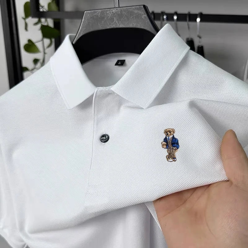 100% pure cotton new men's short sleeved polo shirt summer fashion original high-end brand bear embroidery golf casual T-shirt