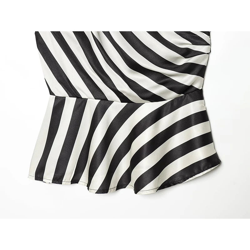 YENKYE New 2026 Women's Striped One Shoulder Sleeveless Peplum Top Draped Asymmetric Hem Party Crop Top Summer Blouse