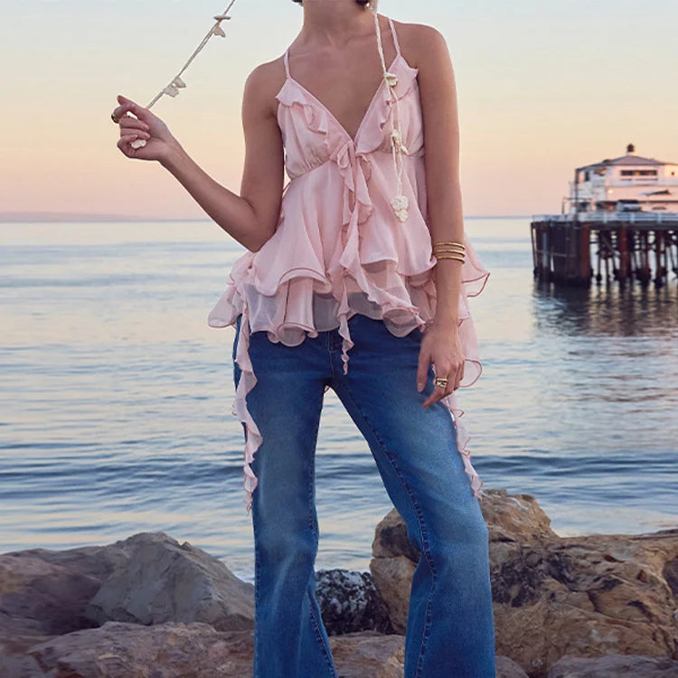 Y2k Cute Pink Ruffle Chiffon Cami Top Sexy V-neck Vest Tiered Flowy Sleeveless Blouse 2026 Summer New Casual Women's Clothing