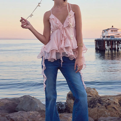 Y2k Cute Pink Ruffle Chiffon Cami Top Sexy V-neck Vest Tiered Flowy Sleeveless Blouse 2026 Summer New Casual Women's Clothing