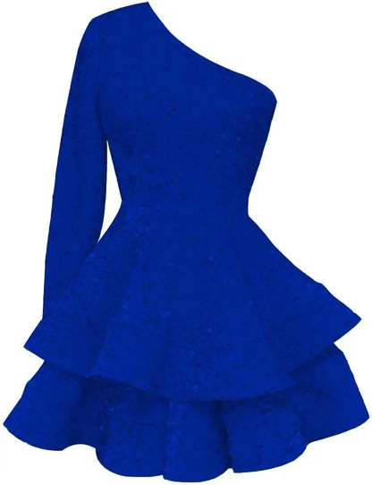 Long Sleeve Velvet Sequin Homecoming Dresses Teens Sparkly One Shoulder Short Prom Dress Layered Cocktail Party Graduation Dress
