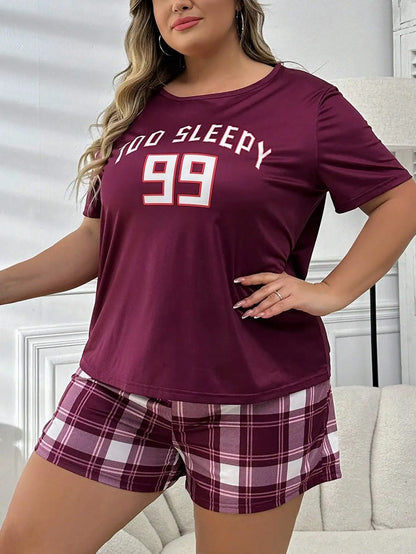 Plus Size Loose Fit Short Sleeve Top with Graphic Print and Plaid Shorts Pajama Set