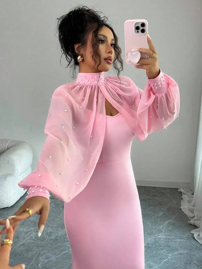 Elegant Pink Mermaid Gown with Beaded Sheer Capelet, Bodycon Slip Dress Set