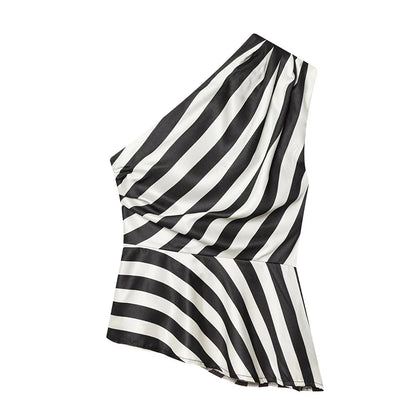 YENKYE New 2026 Women's Striped One Shoulder Sleeveless Peplum Top Draped Asymmetric Hem Party Crop Top Summer Blouse