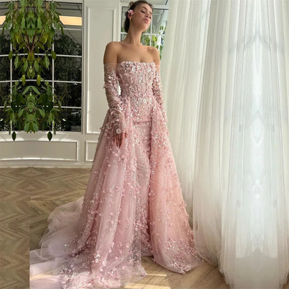 Customized Flowers Strapless Long Sleeve A Line Formal Occasion Evening Gown Arab Saudi Evening Dresses Plus Size