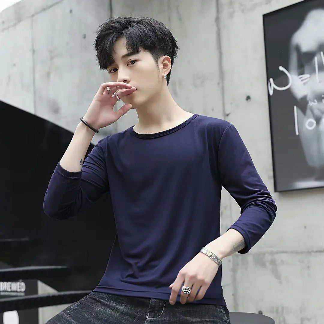 Business Style Long Sleeve T-Shirt for Men Loose Fit Thin Cotton Top Youth Version Bottom Shirt for Work Autumn Wear