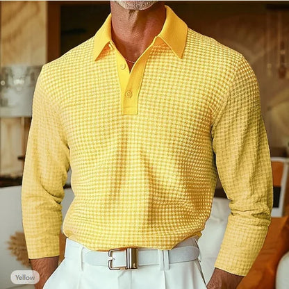 Men's Waffle Knit Long Sleeve Polo Shirt, Solid Textured Casual Golf Shirt, Breathable Pullover for Business & Daily