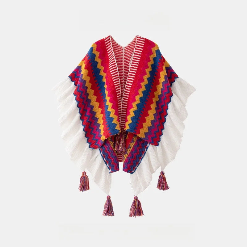 Women Spring Autumn Bohemia Shawl Lady Mohair Knitted Tassel Cardigan Retro Ethnic Wrap Striped Ruffled Scarf for Travel New in