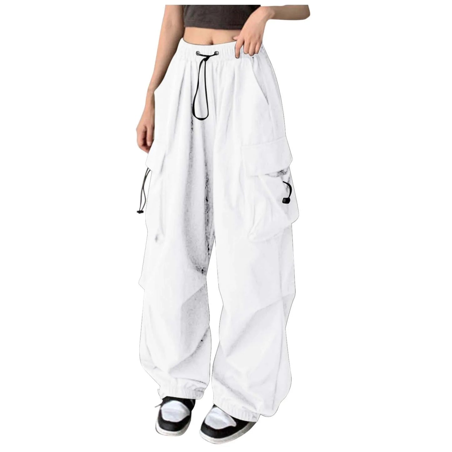 Cargo Pants for Women Drawstring High Waist Hip Hop Joggers Cargo Straight Trousers Vintage Solid Casual Streetwear Baggy