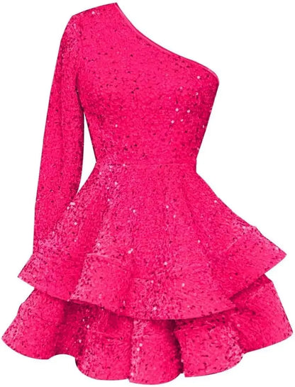 Long Sleeve Velvet Sequin Homecoming Dresses Teens Sparkly One Shoulder Short Prom Dress Layered Cocktail Party Graduation Dress