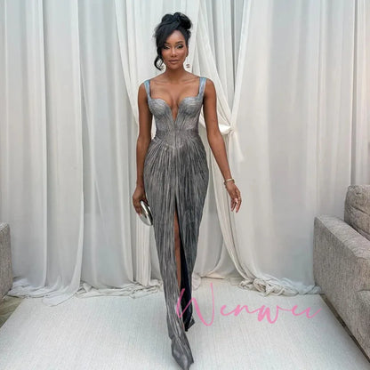 Pretty Wisher Customized Simple Spaghetti Strap Evening Dress Front Split Wedding Guest Gown Pleated Sliver Long Prom Dress