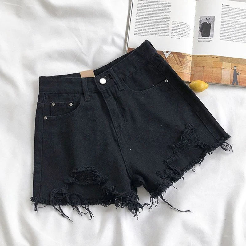 Korean Denim Shorts Women Summer Fashion Casual High Waist Ripped Jeans Pocket Tassel Hot Pants Streetwear Blue Trousers